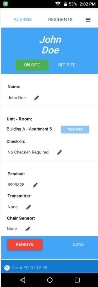Mobile Client MOBILE CLIENT Residents Page Like the Residents page on the Desktop Client, you can add, update, and remove residents from the system, change their status, as well add new pendants to