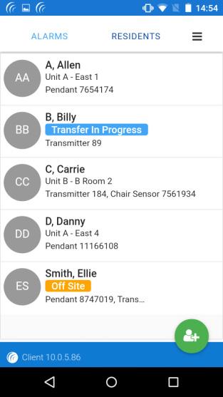 Mobile Client How do I transfer a resident that has a 9450 wander transmitter assigned to them to another unit within the facility? 1. From the Residents page, click on the resident s name 2.