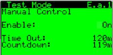 Use the up or down arrow keys to navigate to the a.test Mode menu and press the enter key to select. 6. From the test mode Screen E.a.1, press the enter key to select the Enable: field, and press the up or down arrow key to turn the test mode ON.