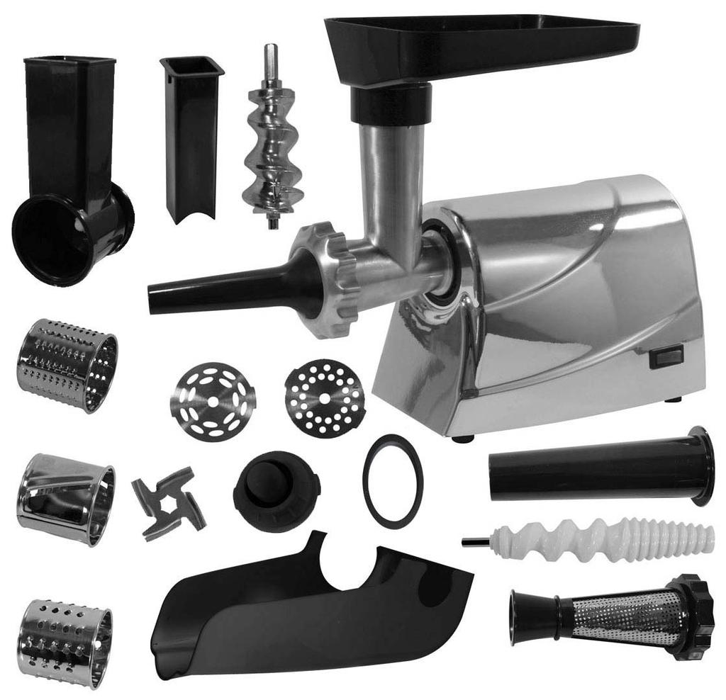 GENERAL PRODUCT SPECIFICATIONS FEATURES 5-In-1 Design Operates As A Meat Grinder, Salad Shredder, Fruit Juicer, Sausage Stuffer & Kubbe Maker PACKAGE CONTENTS 1) Fine Grater, 1) Stainless Steel Feed