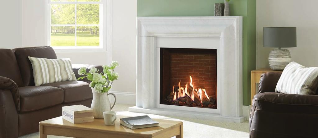 Reflex 75T Edge with Brick-effect lining. Shown with Grafton antique white marble mantel, matching slip set and optional small antique white marble hearth. Your Gazco stockist: 2.
