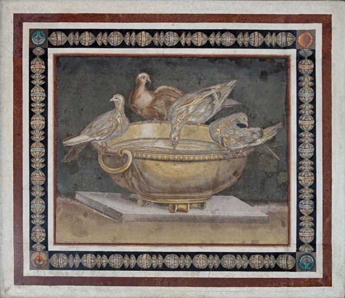 It was a part of a mosaic by Sosus of Pergamum (now in present day Turkey). A copy of this mosaic was found at Hadrian s Villa in Tivoli by Cardinal Furetti in 1737 (see second picture).