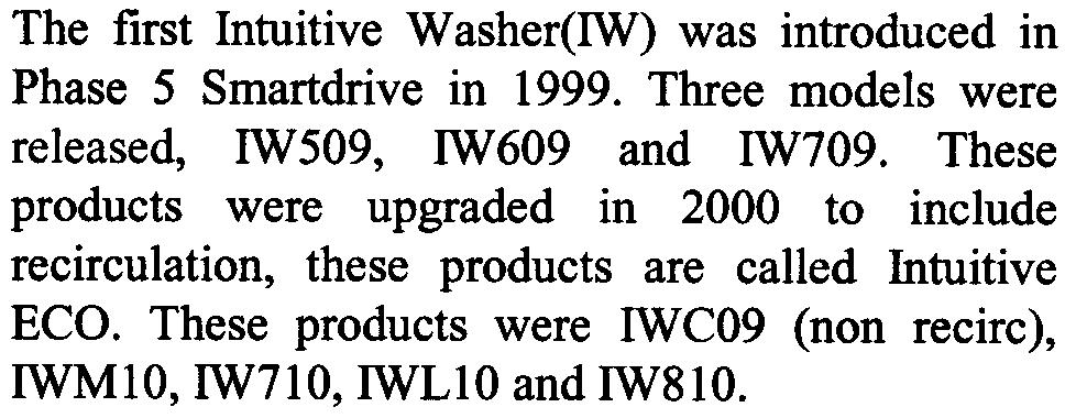 E3 INTRODUCTION to IW This Service Supplement contains specifications, size setting and diagnostic mode The first Intuitive Washer(IW) was introduced in Phase 5 Smartdrive in 1999 Three models were