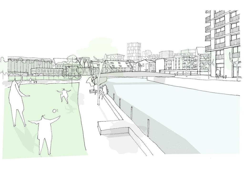 Sketch View C, by the weir Proposed View 5.20 The buildings of the Illustrative Masterplan become more prominent on the approach towards them.