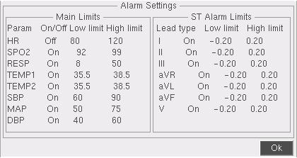 Settings in the System Status menu displays the following settings list information box where all the parameters and patient settings can be viewed: Alarm Limits Selecting Alarm
