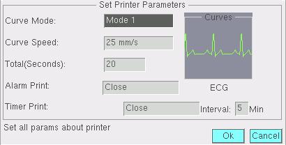 RECORDER SETUP Selecting recorder setup in the Main Menu parameters dialogue box, as shown below: displays the set recorder Curve Mode: Printing mode of the curve.