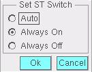 ST On/Off Selecting this button displays the Set ST Switch dialogue box, as shown below: Auto: The L550 either displays or hides the ST segment automatically according to the ECG mode.