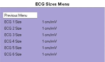 Menus: ECG Main and Submenus ECG Monitoring ST Menu 4.4.4 ECG Sizes Menu f MENU ITEM SELECTIONS COMMENTS J/ST 4 to 200 msec Select to adjust J and ST measurement points.