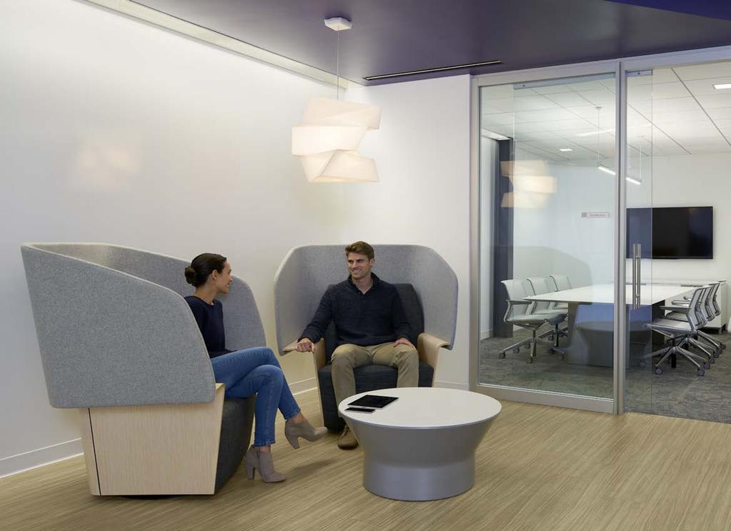 COLLABORATION SEATING Shown with Beyond movable walls, Belong table, and Clarity seating Reflect Swivel base allows users to choose how they want to work.