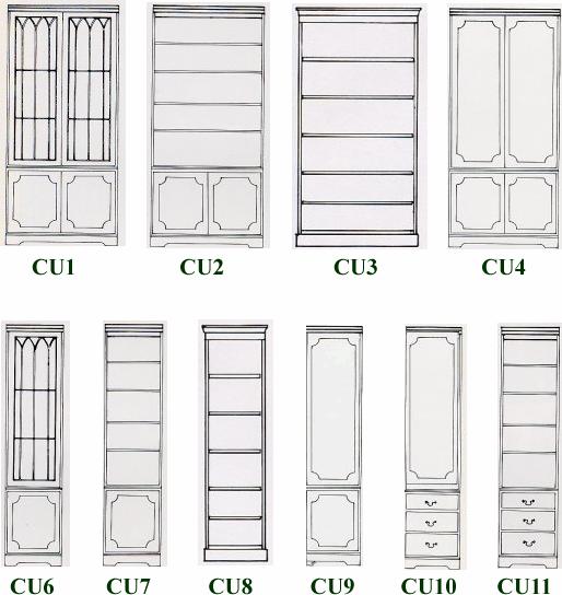 Combination / Modular Bookcases CU1 CU2 CU3 CU4 CU5 CU6 CU7 CU8 CU9 CU10 CU11 CU12 CU13 CU14 CU15 CU16 CU17 (Height x Width x Depth - cm) 203x92x33cm Bookcase unit with cupboard and glass
