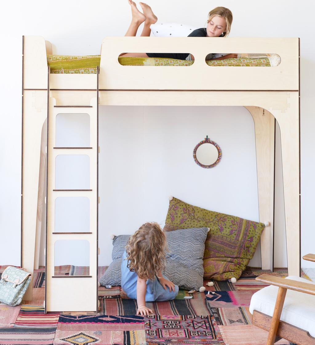 DREAM CLOUD LOFT BED Streamlined Clean lines, coupled with cool curves and blonde wood. Round openings in the bed base creates a fun element for children when underneath.