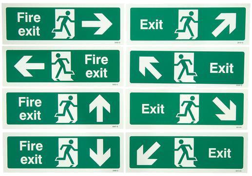 Fire exit signs displayed on top of fire exit doors: Call point sign: Fire