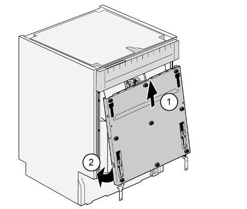 5.19.2 Installing outer door 1. Insert both slideelements to the conduct 2. Move hinge upside 1. Insert outer door from below into the inner door. 2. Press outer door towards the appliance.
