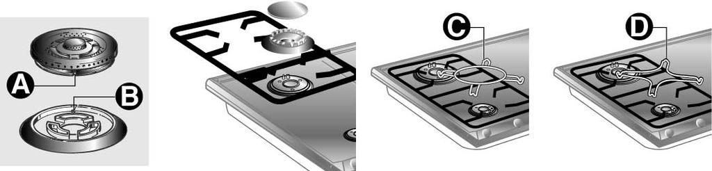 Instructions for the user 7. USING THE HOB Before turning on the burners, make sure that the burner rings, caps and grids have been fitted correctly.