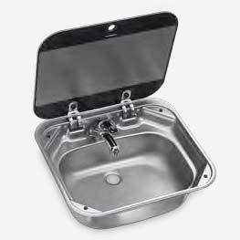 DOMETIC SNG 4237 Square sink with glass lid, 420 x 370 mm Heat-resistant safety glass lid providing more workspace when closed Compact design with built-in dimensions (W x D): 405 x 355 mm Robust