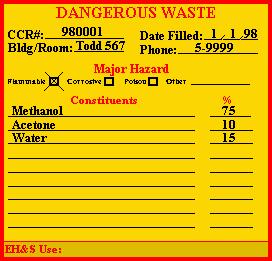 Collection & Disposal Procedure Generator Responsibilities Proper labeling Dangerous Waste Major hazard Constituents No abbreviations