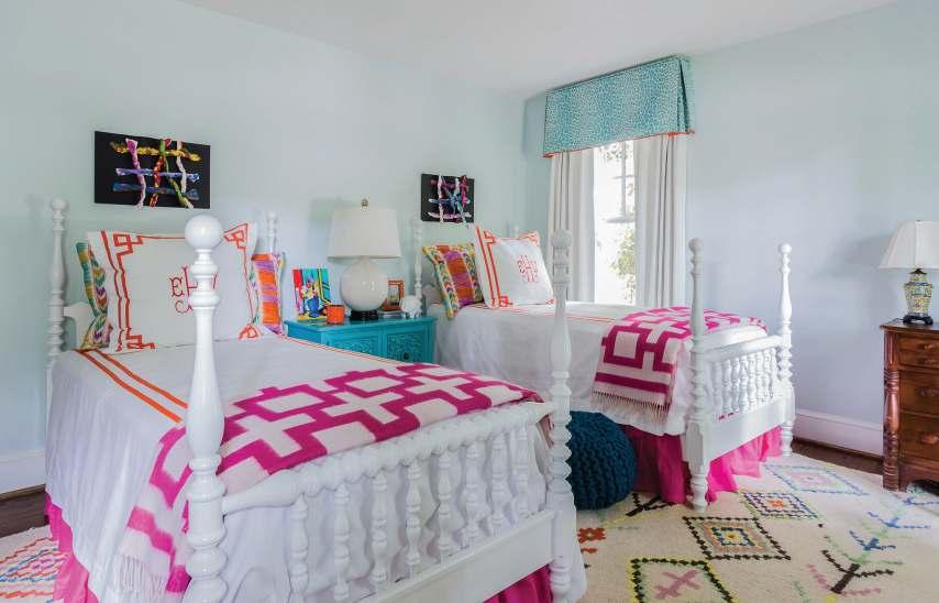 Gold-toned fixtures and library lights, all from La Maison, add a warmth and richness to the room. Top Right: Daughter Betty s room is all about embracing color orange, pink, and light teal.