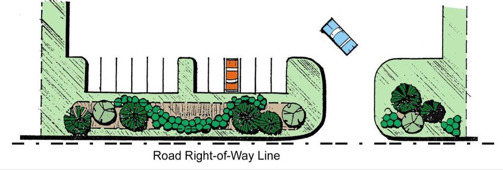Diagram Example of Front Yard Landscaping 2) Parking Lot Screening: Parking located in front or on the side of a building shall be screened from the road with a three (3) foot high red or brown brick