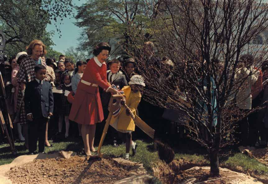 Above: In this 1968 photo, Lady Bird Johnson and a group of schoolchildren add a tree to the grounds, a custom dating back more than a hundred