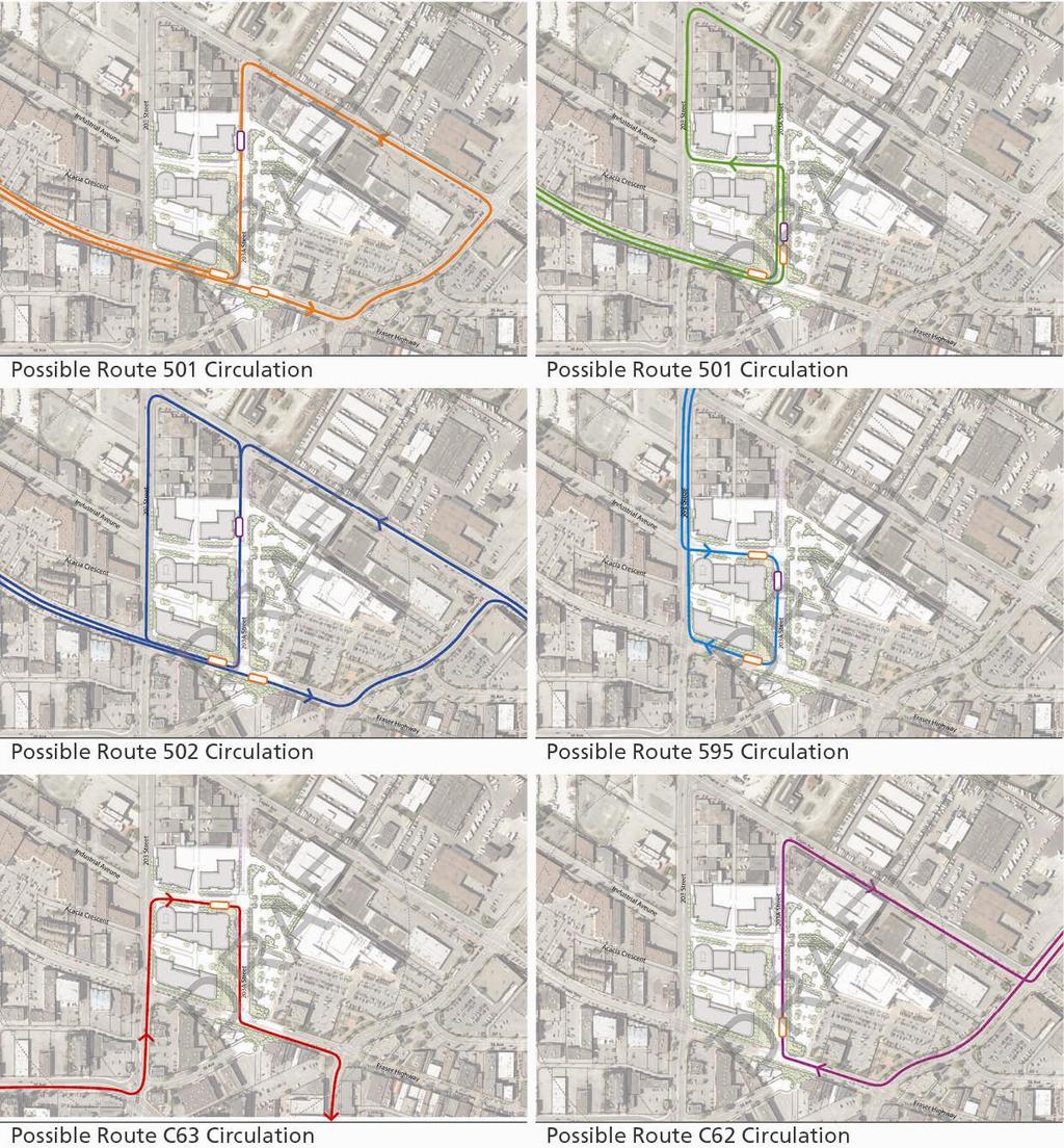 POTENTIAL CIRCULATION AND ROUTING The exchange location and configuration is intended to allow safe and efficient bus movements and to minimize bus circulation on the surrounding street network,