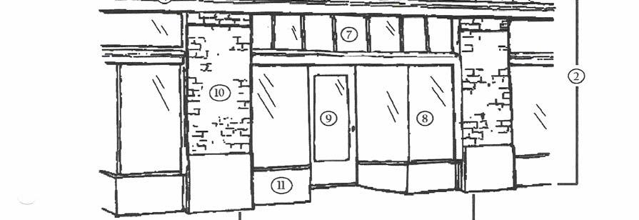 10. Storefronts Common historic storefront design consists of large, thinly framed windows and a recessed entrance.