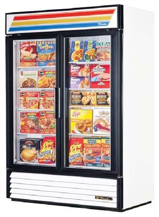 13 23 cubic foot glass door merchandiser freezer comes with adjustable vinyl-coated shelves.