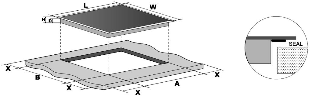 Cut out the work surface according to the sizes shown in the drawing. For the purpose of installation and use, a minimum of 5 cm space shall be preserved around the hole.