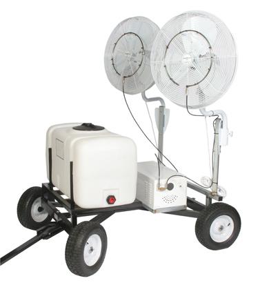 The Sport Fan can cool an area up to 200 square feet for approximately five hours. It has a 10 gallon water reservoir tank and includes a outdoor-rated power cord with integrated GFCI.