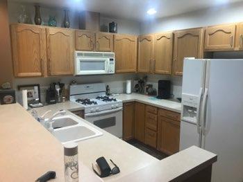 1. Kitchen Room Kitchen Walls and ceilings appear in good condition overall. Flooring is linoleum. Heat register present. Accessible outlets operate. Light fixture operates.