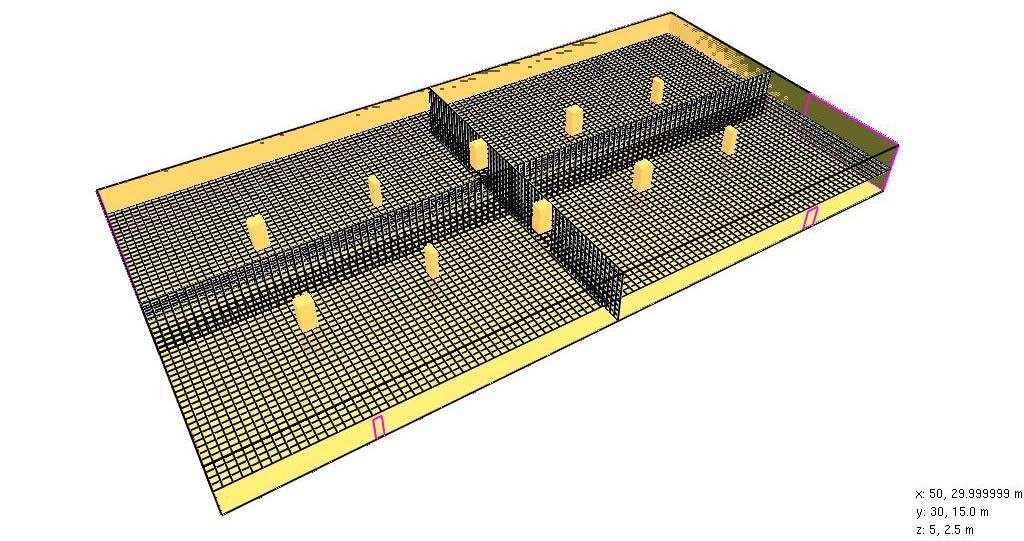 Fig. 3: Selected mesh grid of the underground car park model 6. RESULTS AND DISCUSSION The case studies indicate the sensitivity of the fire and smoke spread to the ventilation system performance.