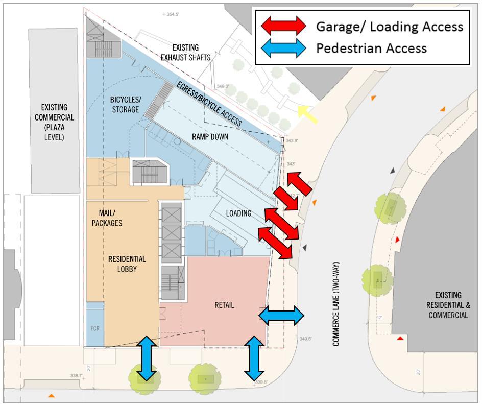 Vehicular access to the Property is proposed directly from Commerce Lane through a consolidated garage access point and loading bay (two separate but adjacent entrances) at the northeast corner of