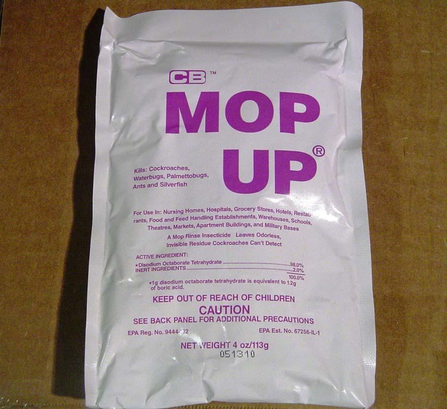 EN0002 = Part Number Mop Up = Description Used for: Used for controlling ants, roaches, and silverfish. Read label before use. For cafeteria usage only. Directions for use: 1.