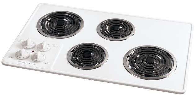 in White and Brushed Chrome FEC36CA S/Q Spill Saver Porcelain Cooktop Exclusive Slimline 8" Depth Design - 8" Coil