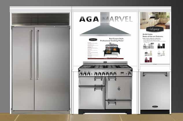 Display Cabinets AGA Legacy Kitchen Suite Display Cabinets* * AGA Legacy Kitchen Suite Display Cabinets Shown with 44 Range, 48 Refrigerator and Dishwasher. White composite cabinet construction.