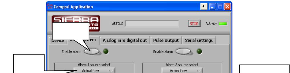 Enable/disable alarm Select trigger source for alarm Trigger points for alarm.