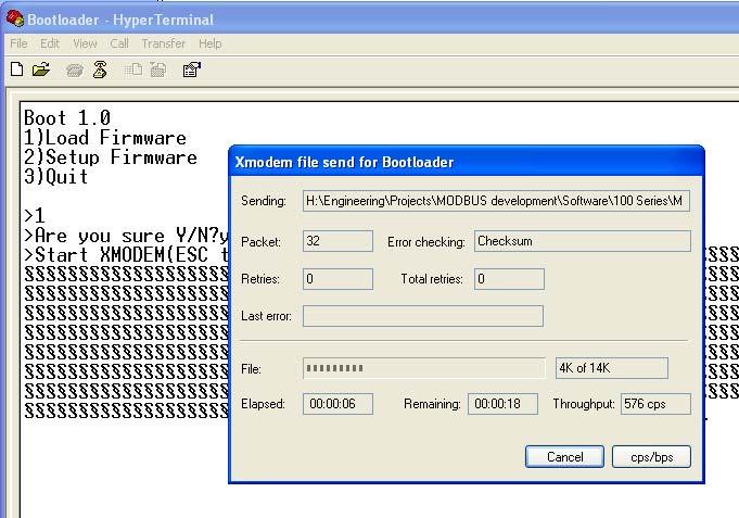 Use the Browse button to select the file to download. Only files with the.hex extension can be downloaded to the unit. Also make sure that the Xmodem protocol is selected.