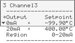 Level 2 Level 3 Parameter-level Define the output value for channel 3 HL Possible parameters: ActInt, ActExt, Power, Setpoint The parameter flashes, switch by pressing and Select the scale for
