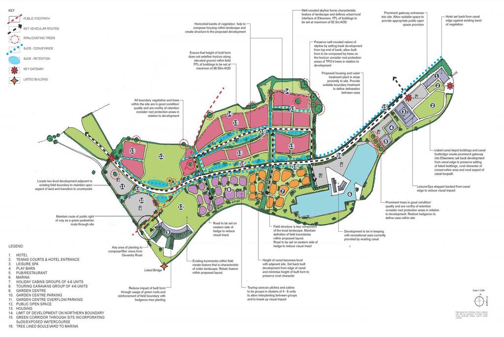 The Ellesmere Wharf development seeks to provide a comprehensive range of leisure facilities and housing on the south side of Ellesmere, one of the principal towns in North Shropshire.