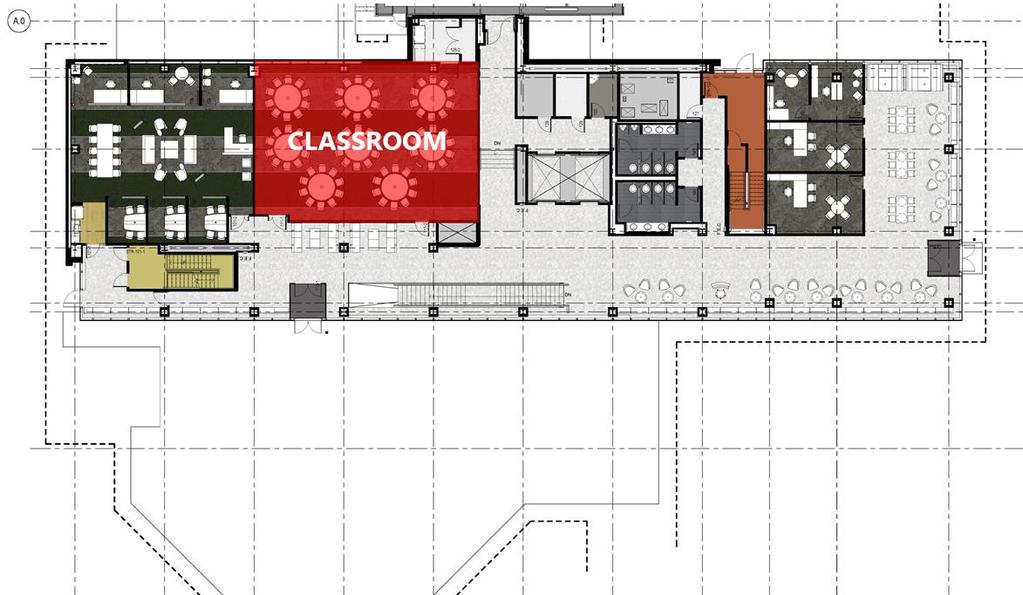 6 LARGE WORKSPACE SPACE GROUND FLOOR CLASSROOM On the ground floor, there is a large classroom arranged to inspire collaboration and teamwork.