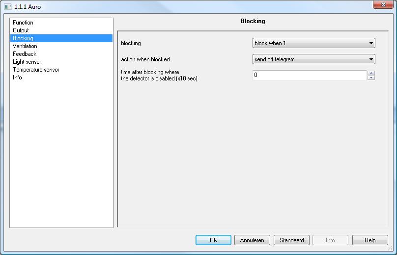 4.3 Blocking Parameter Blocking Description This parameter disables or sets the blocking function. While the blocking object is active, the motion detector is disabled.