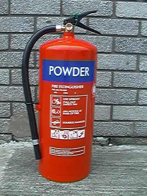 Fire Extinguishers - Powder Red body with blue label.