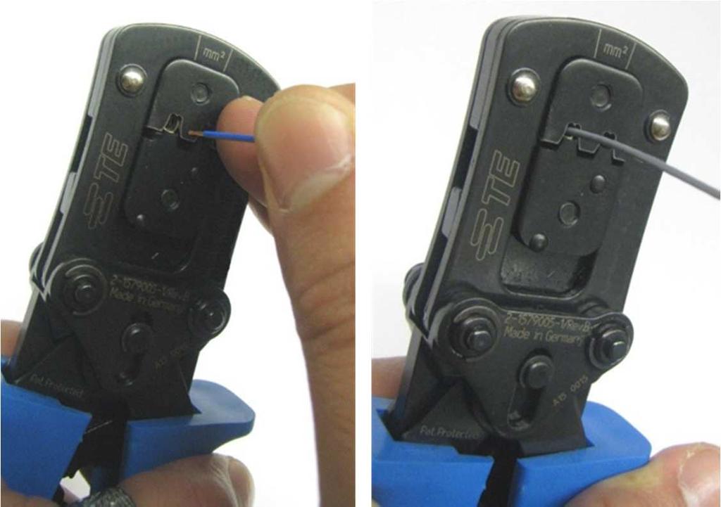 Figure 4: Insert the wire into the crimping zone (left), close the hand tool (right) (as illustrated) Remove the crimped terminal from the