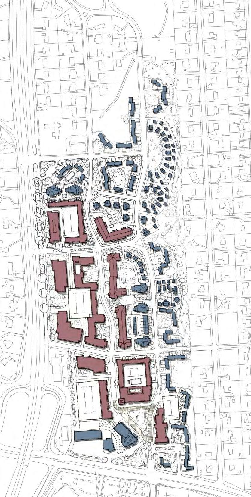 Building Density - Density decreases as you approach single family neighborhood - Low density (shown in blue) is