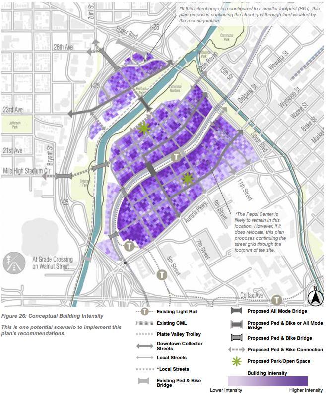 this area. Within the area bounded by Speer Boulevard, Interstate 25, and Auraria Parkway, the Amendment supersedes the Downtown Area Plan where recommendations between the two plans are conflicting.