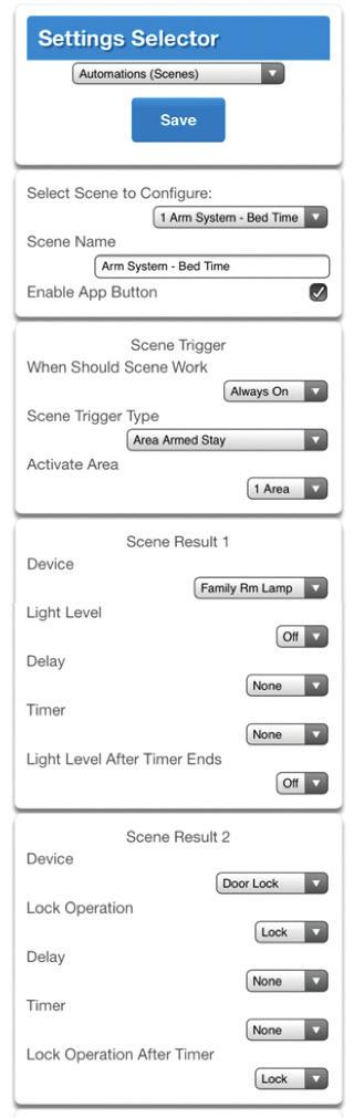 AUTOMATION EXAMPLES - SLEEP TIME When I Arm the Côr panel in Stay mode, turn Off the light in my family room and Lock my door.