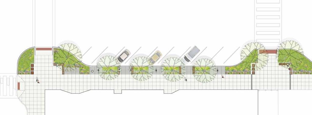 pedestrian light pole standard spacing private outdoor dining every other opening marker tree 12 between planters marker tree
