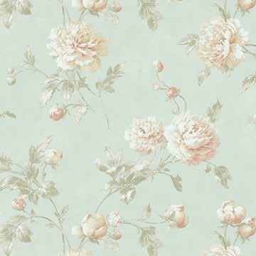 WELLINGTON Large blooming peonies and budding stems are gracefully tossed across a backdrop of textured matte stucco and pearl in tandem for just the right balance of subtle and shimmer.