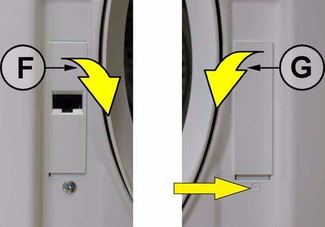 - Remove the 2 masking plates (E), turned them by 180 and remount them on the opposite side - Remove the door latch (F), push it downwards and remove it turning it down.