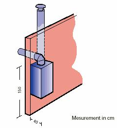 Flue can be established horizontal through the outer wall, but notice problems with condensation and product of combustion. Demands for gas systems and flue systems see Gasreglement, afsnit A.