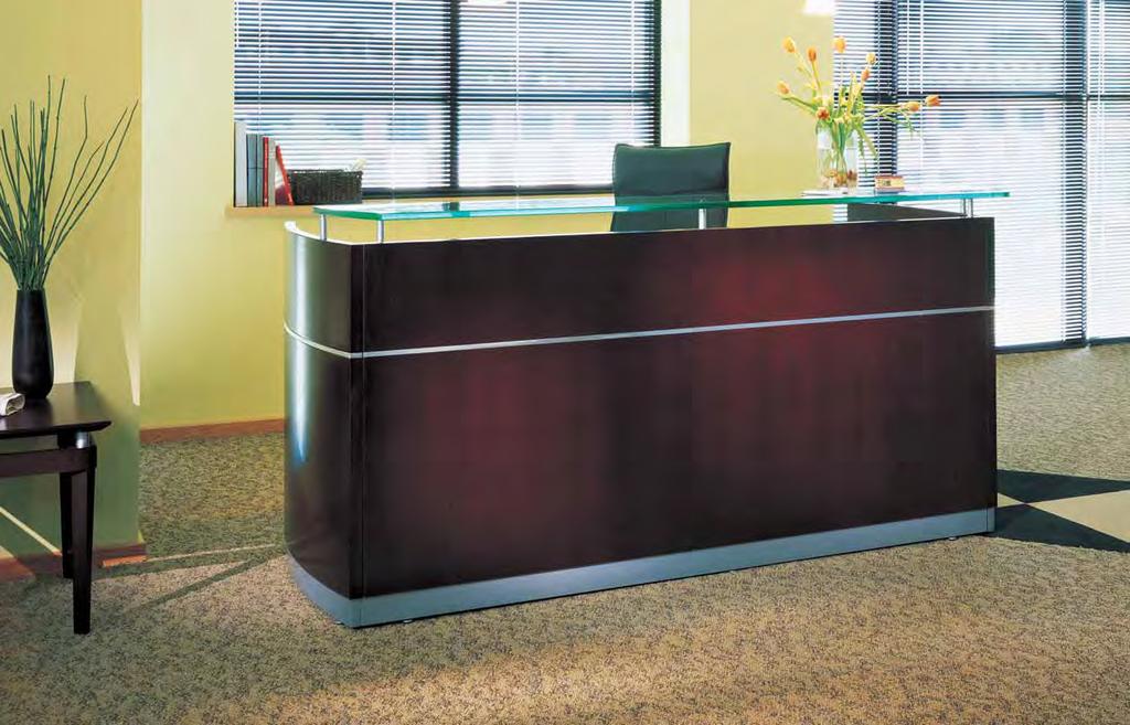 RECEPTION Napoli reception stations deliver a striking, contemporary design by merging wood, glass, and metal into a beautiful, yet affordable package.